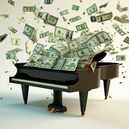 piano with dollars raining on it